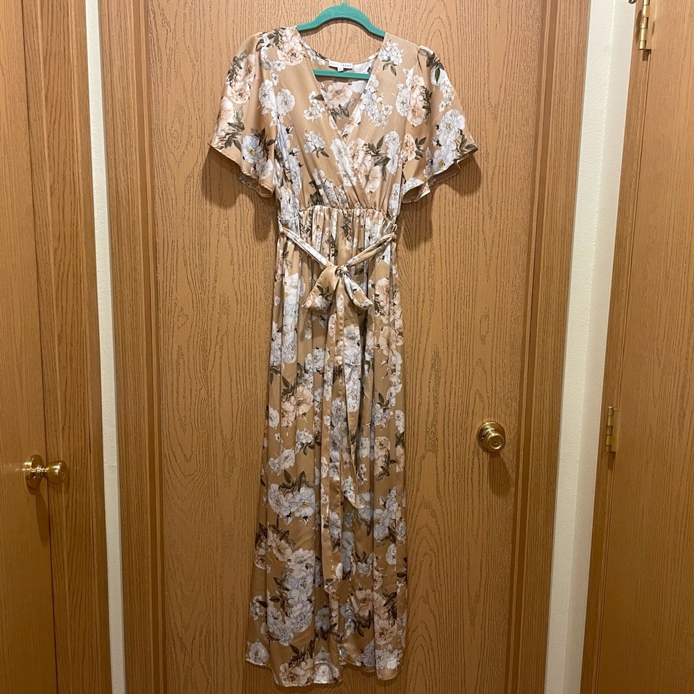 Baltic Born Sicily Taupe Floral Satin Maxi Dress